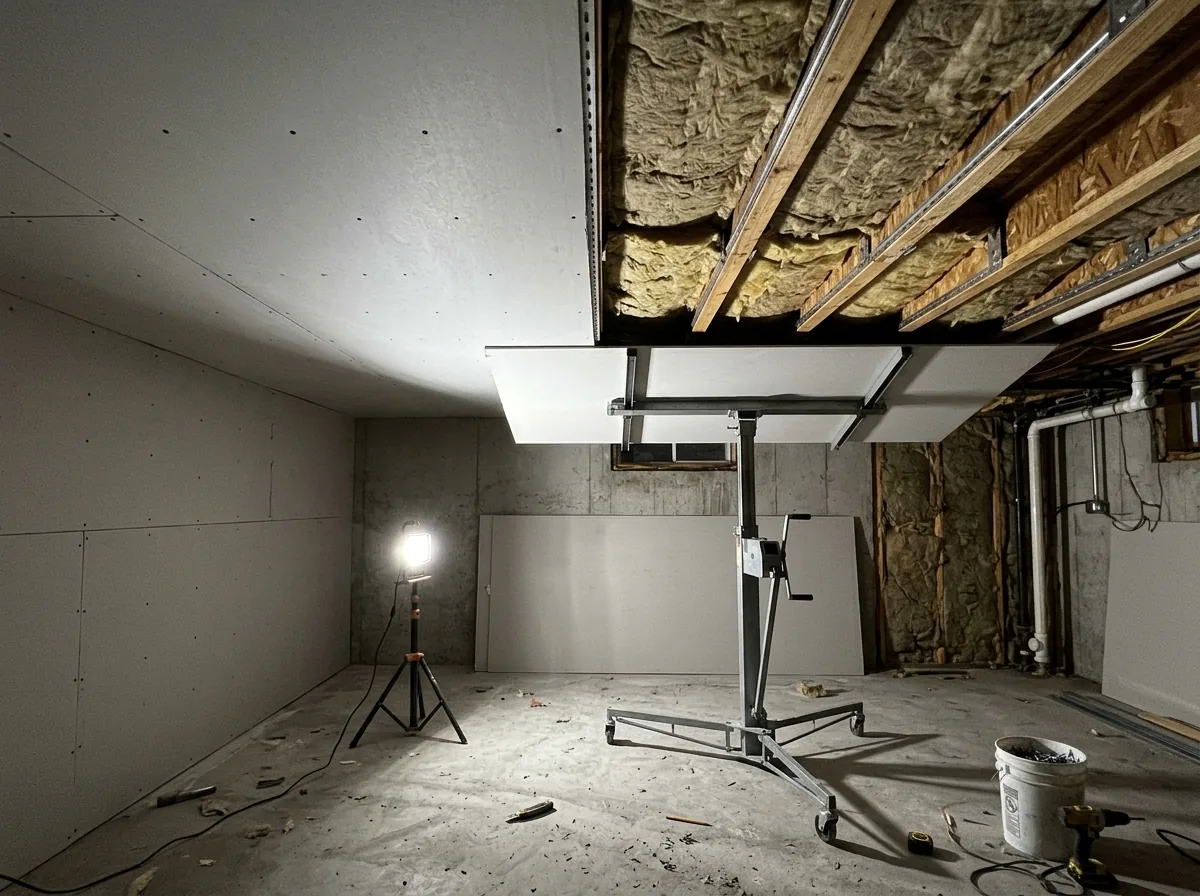 Basement ceiling being covered with fire-rated drywall on metal hangers above a drywall lift