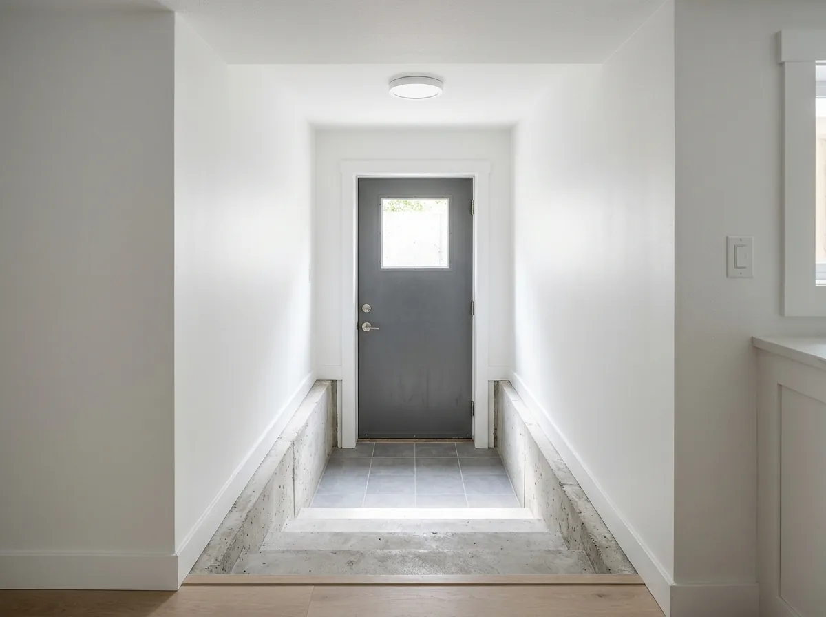 Basement apartment entry with a steel exterior door at the foot of a concrete stairwell
