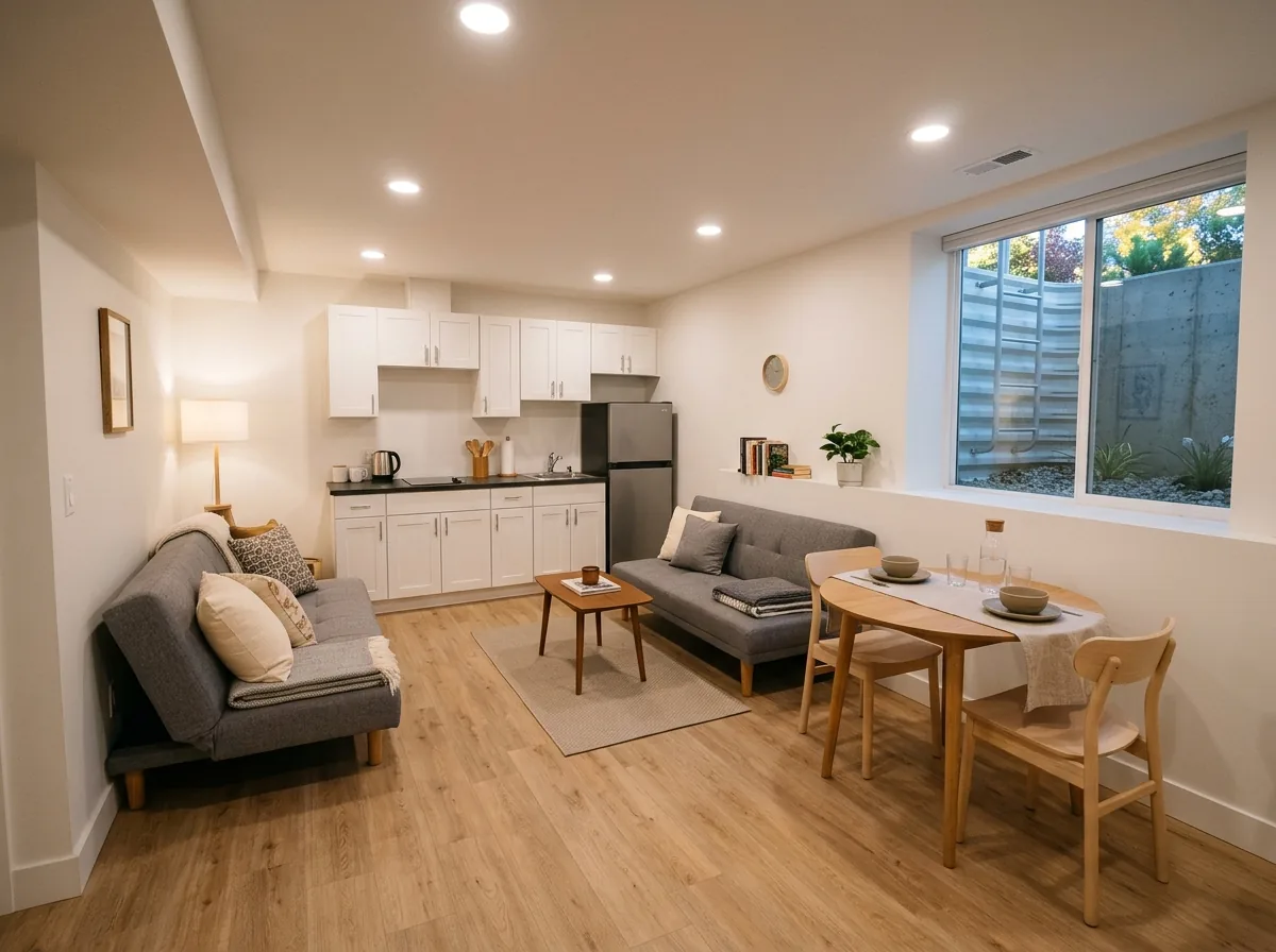 Basement studio apartment with a kitchen wall, sofa bed and small dining table in one room