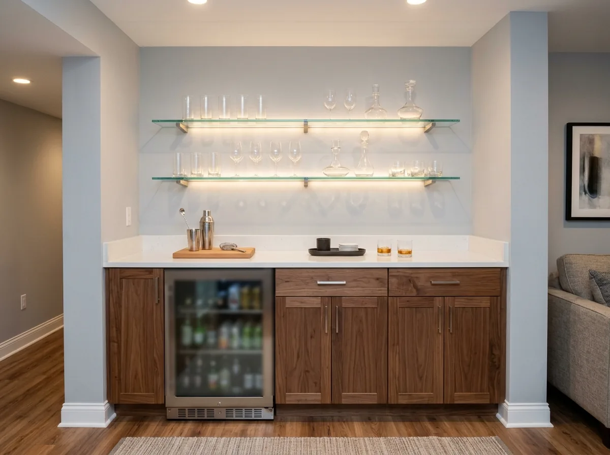 Basement dry bar with walnut cabinets, a quartz counter, glass shelves and an under-counter beverage fridge