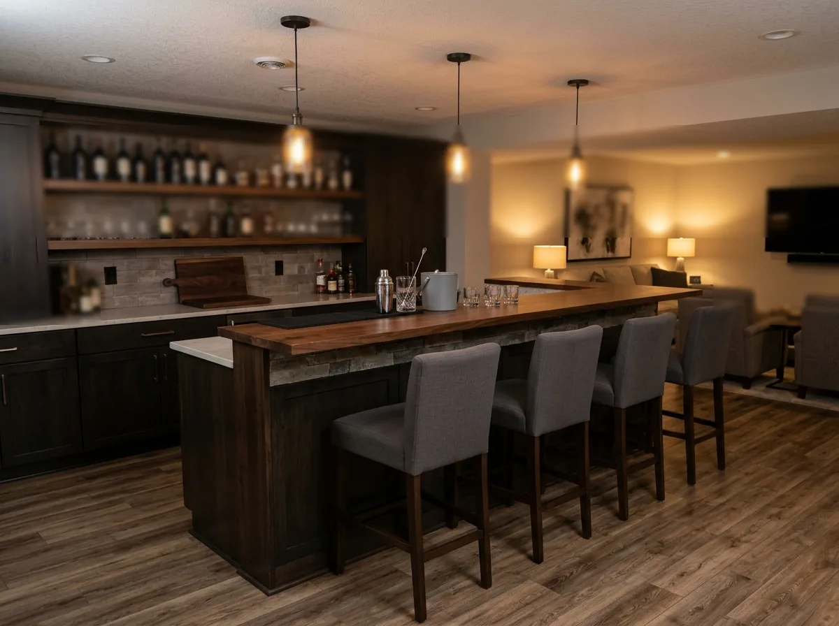 Long basement bar with a raised seating ledge, four upholstered stools and pendant lights over a dark counter