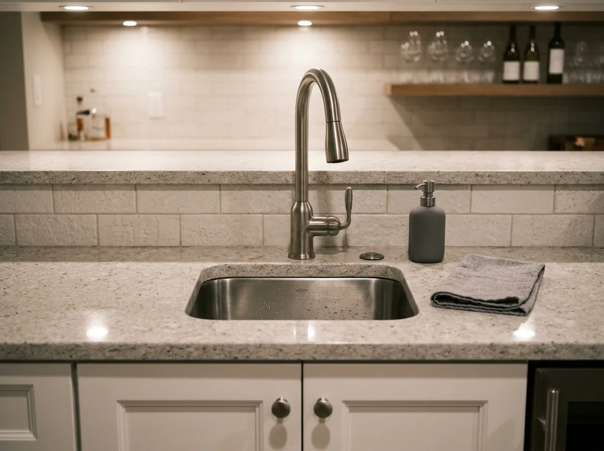 Basement wet bar with a small stainless sink and gooseneck faucet in a light stone countertop