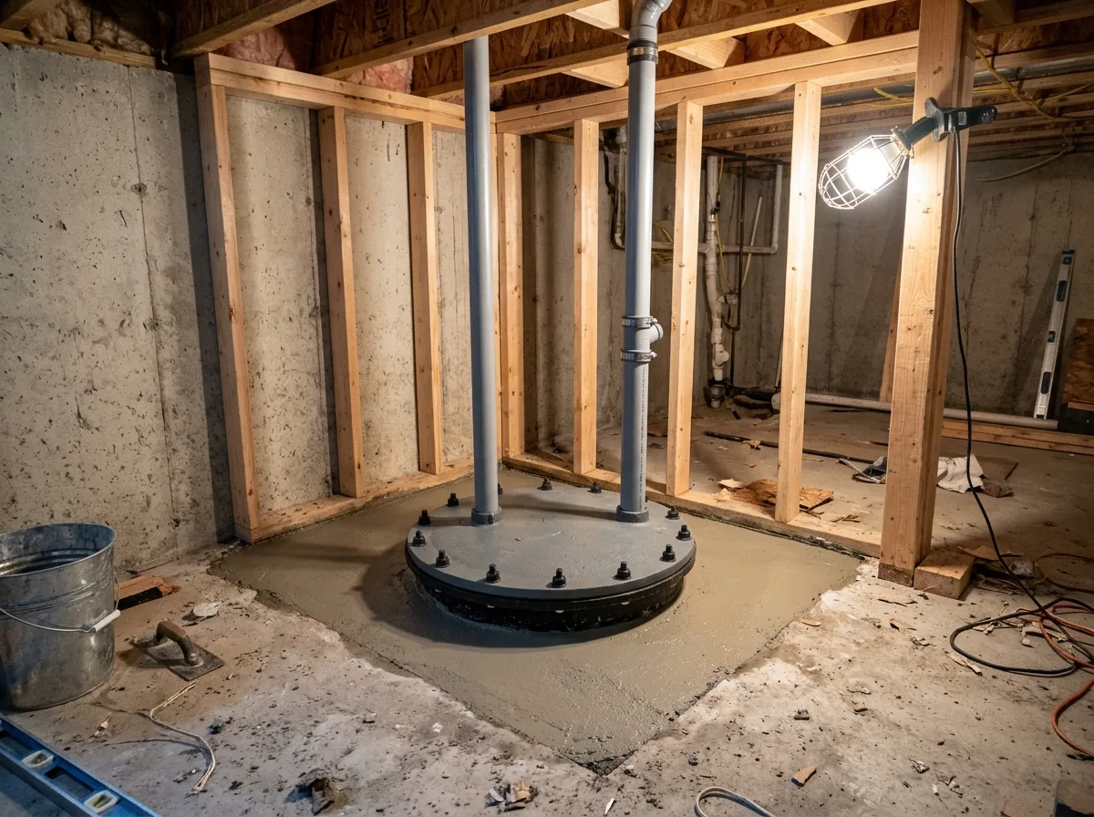 A sealed sewage ejector basin set into a basement slab, with its gray lid, vent pipe and discharge pipe rising to the joists