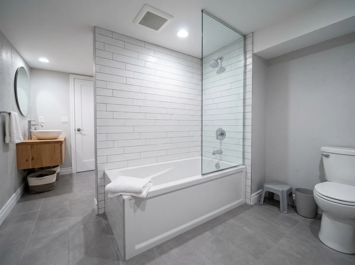 A full basement bathroom with an alcove bathtub, a tiled surround and a wall-hung exhaust grille above it