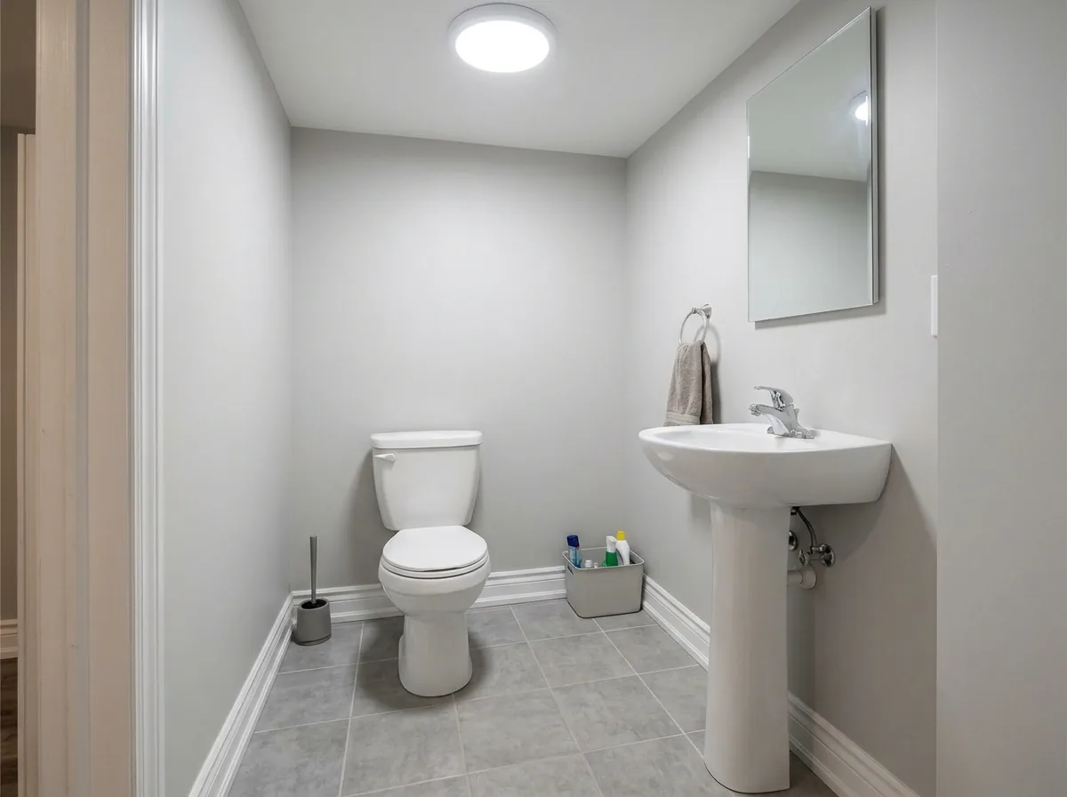 A small basement powder room with a white toilet and pedestal sink set against a fresh gray wall