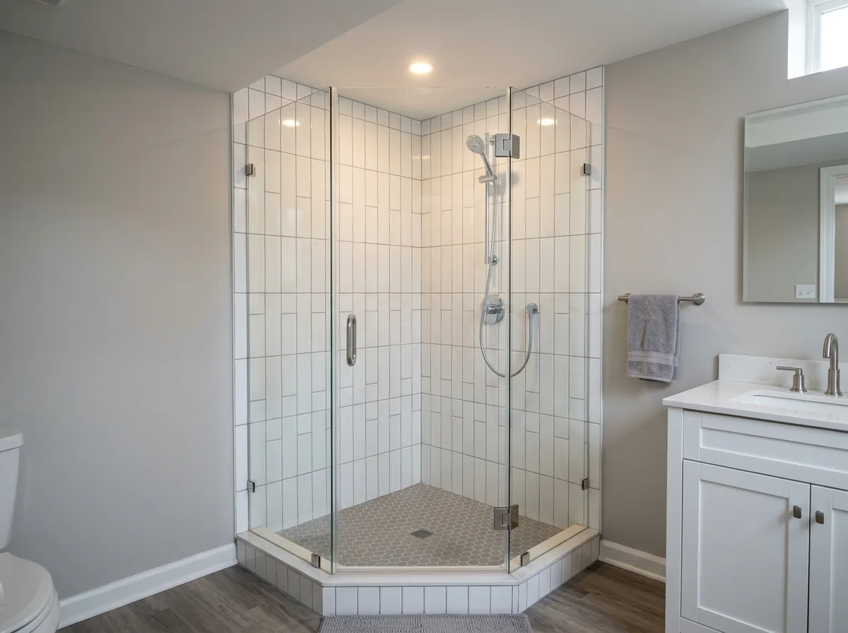 A basement three-quarter bathroom with a tiled corner shower stall, a clear glass door and a narrow vanity