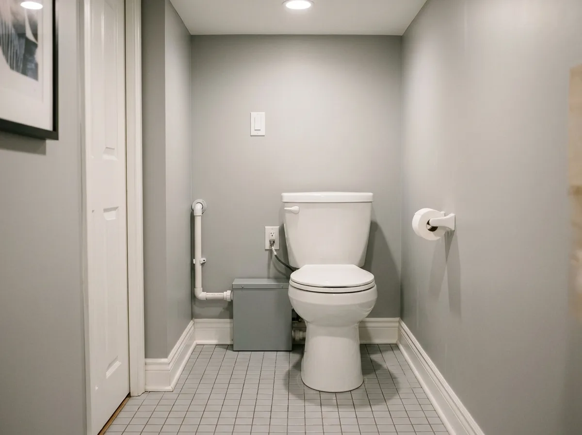 A compact basement toilet room with a wall-mounted toilet and a slim gray macerating unit tucked behind it on the slab