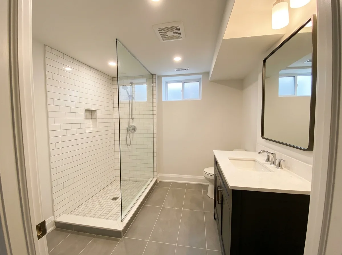 A new basement bathroom with a tiled walk-in shower, a glass panel, a single vanity and gray porcelain floor tile