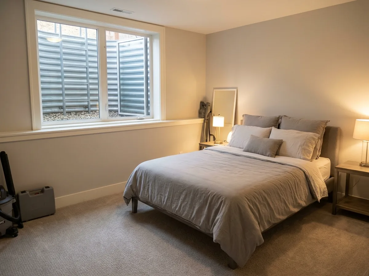 A finished basement bedroom with a large double window opening onto a corrugated metal window well