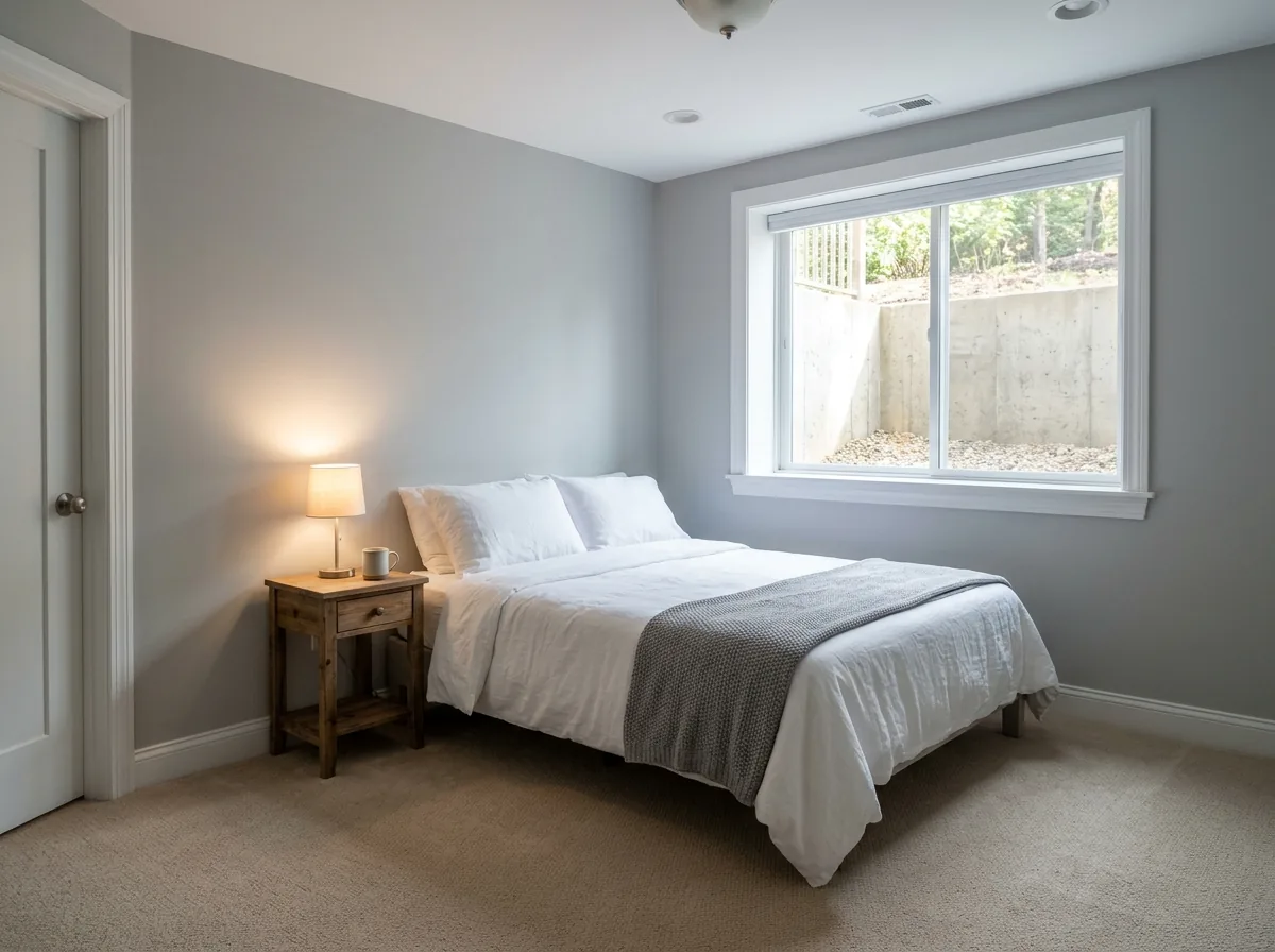A simple finished basement guest bedroom with a made double bed, a nightstand lamp and a window well in the far wall