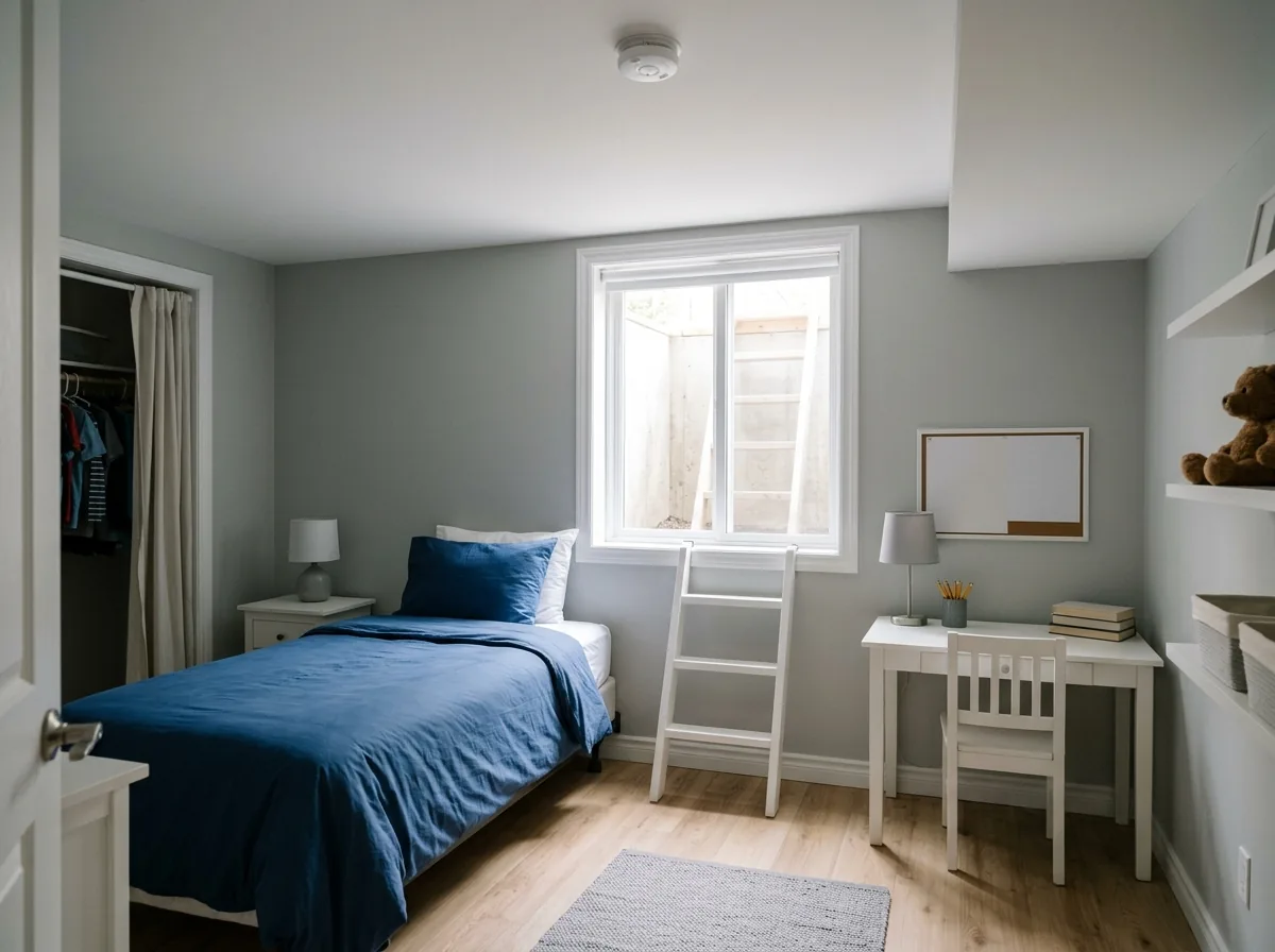 A basement kid's bedroom with a twin bed, a small desk and a white smoke alarm on the ceiling