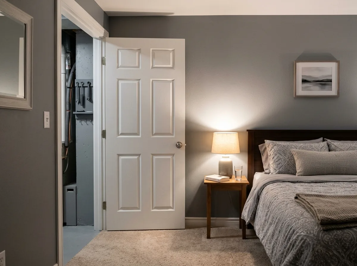 A finished basement bedroom wall with a closed solid white door to a utility room beside the bed