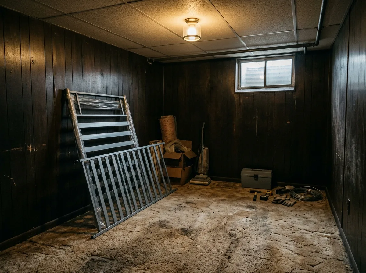 A dated finished basement room with wood paneling and a small high window, a bed frame leaning on the wall