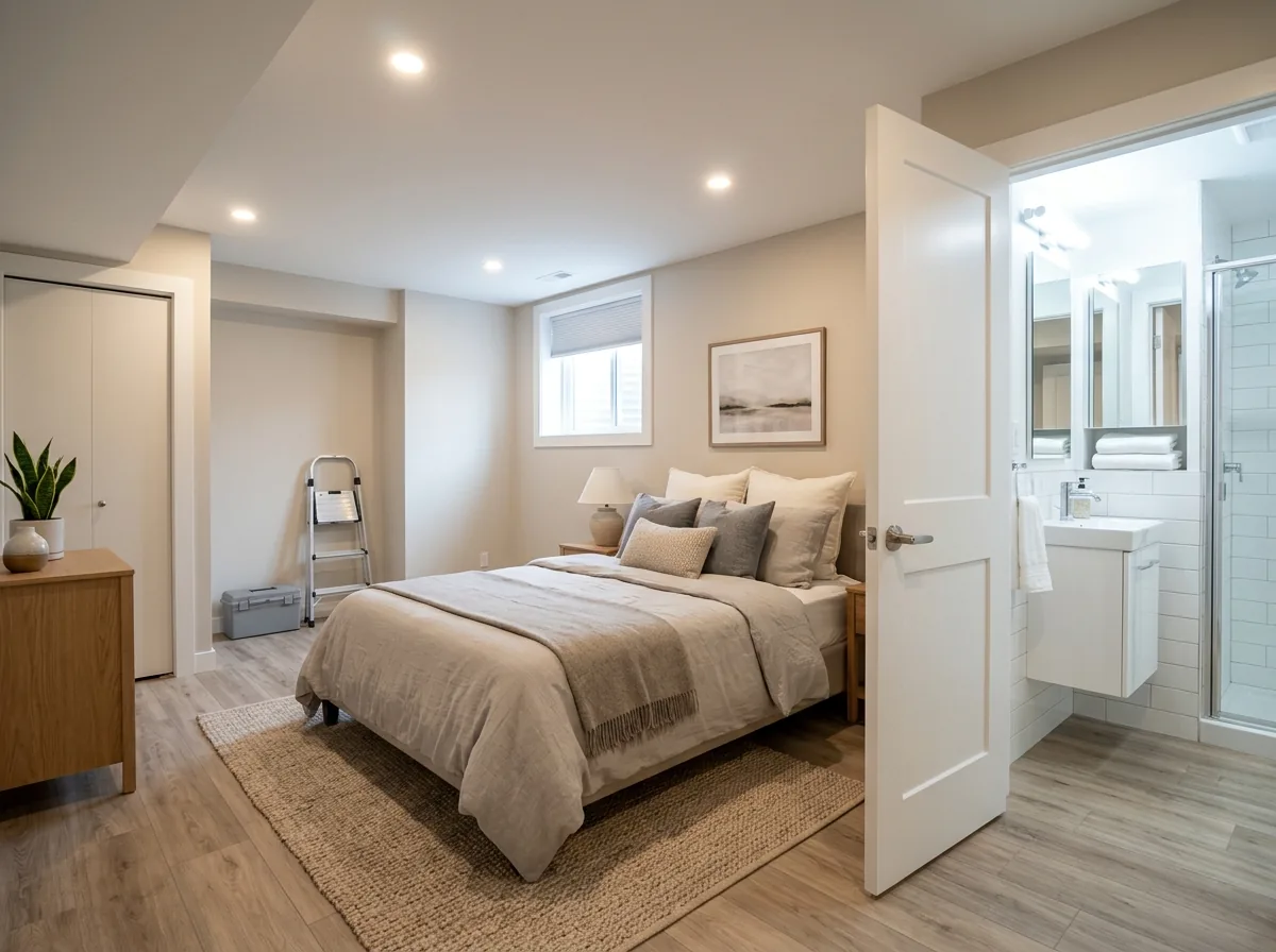 A basement bedroom suite with a queen bed and an open door to a small tiled bathroom