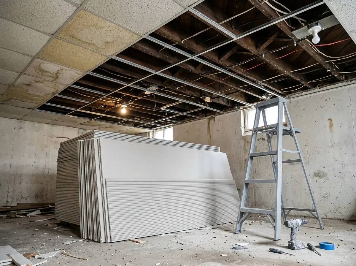 A basement ceiling half stripped of old stained ceiling tiles, with the metal grid partly removed and new drywall sheets stacked below