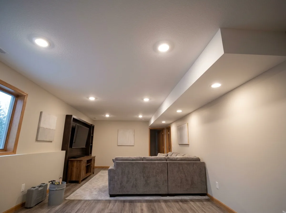 A smooth white drywall ceiling in a finished basement family room, with a few flush round lights and a boxed soffit along one side