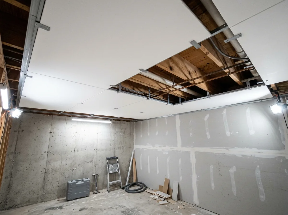 A low-profile basement ceiling of large flat panels hung tight beneath the floor joists on slim metal brackets