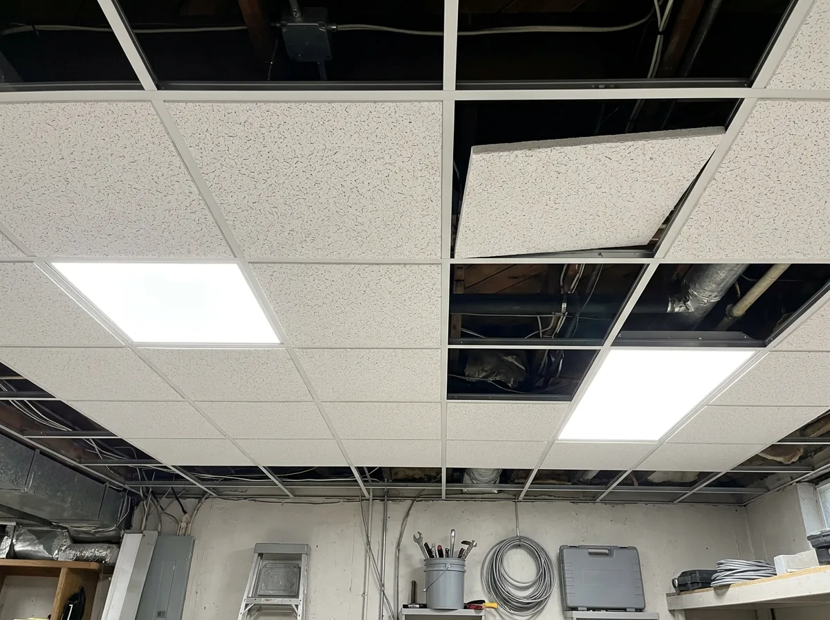 A white lay-in drop ceiling grid with square tiles and flat LED panels over a carpeted basement room