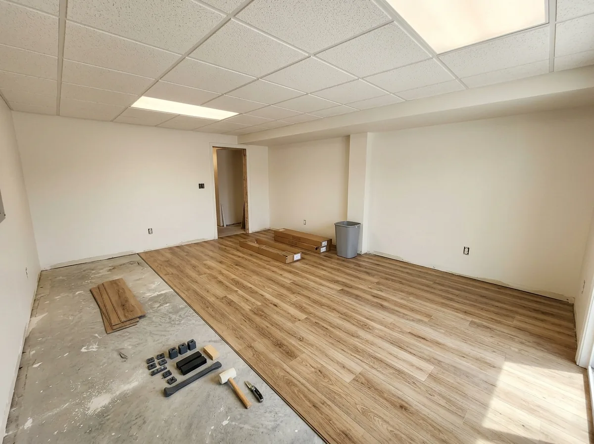 A basement with a new white drop ceiling and LED panels, and vinyl plank flooring being laid over the concrete slab