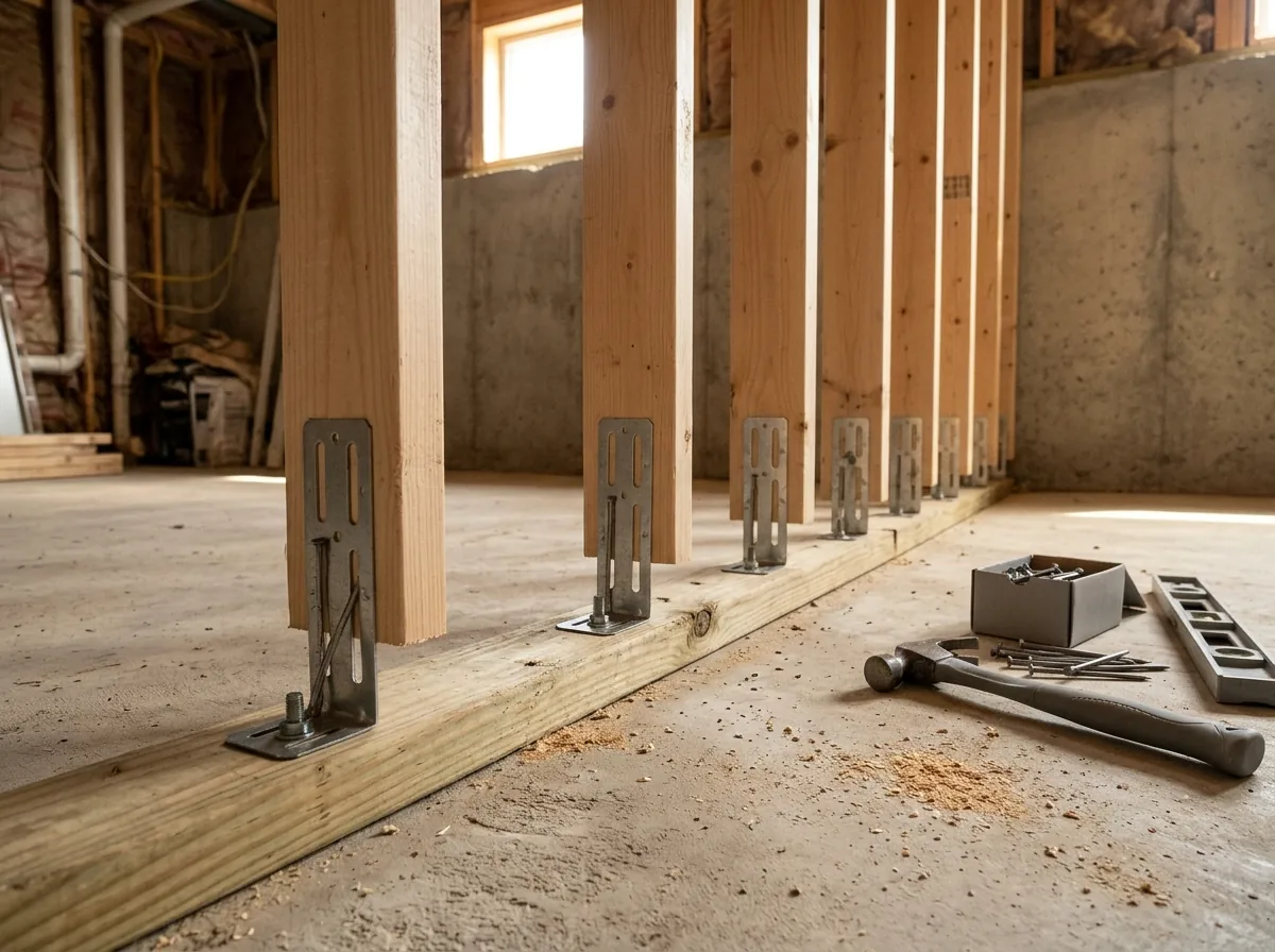 Wood studs standing in metal connectors along a bottom plate on a basement concrete slab