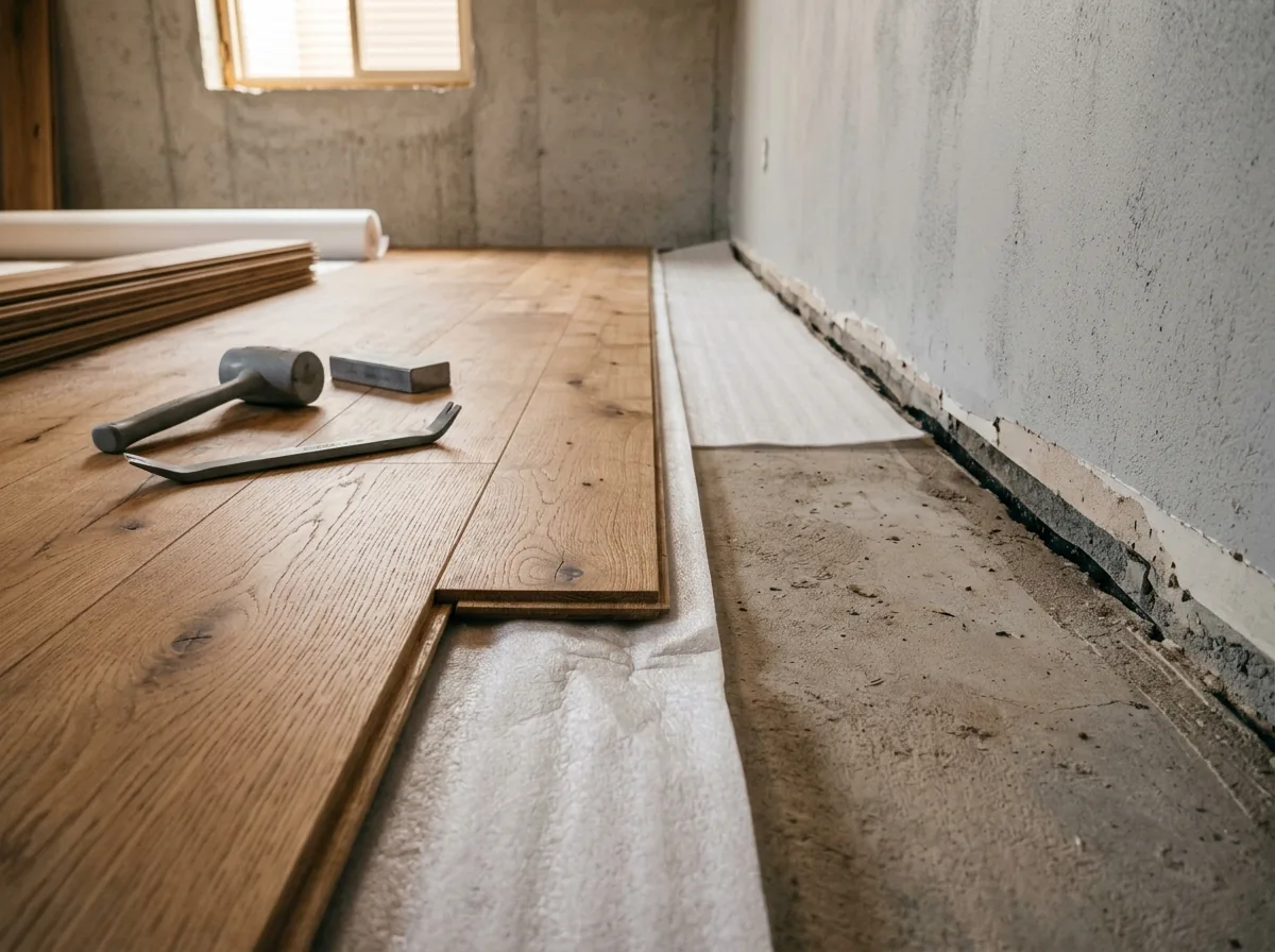 Wide planks of engineered oak flooring clicked together over a thin foam underlayment in a basement room