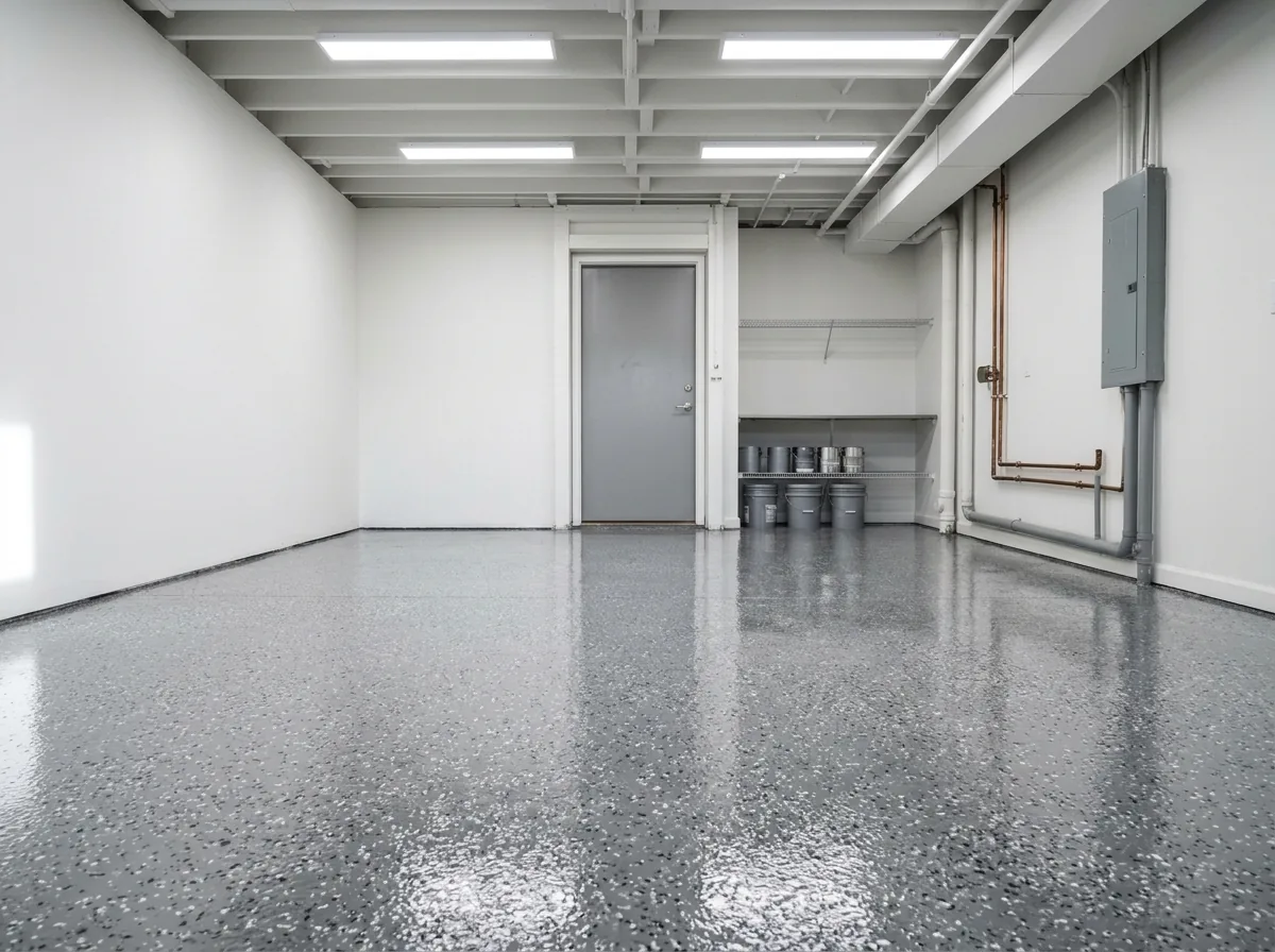 A glossy speckled gray epoxy coating on a basement concrete floor in an empty room with bright overhead light