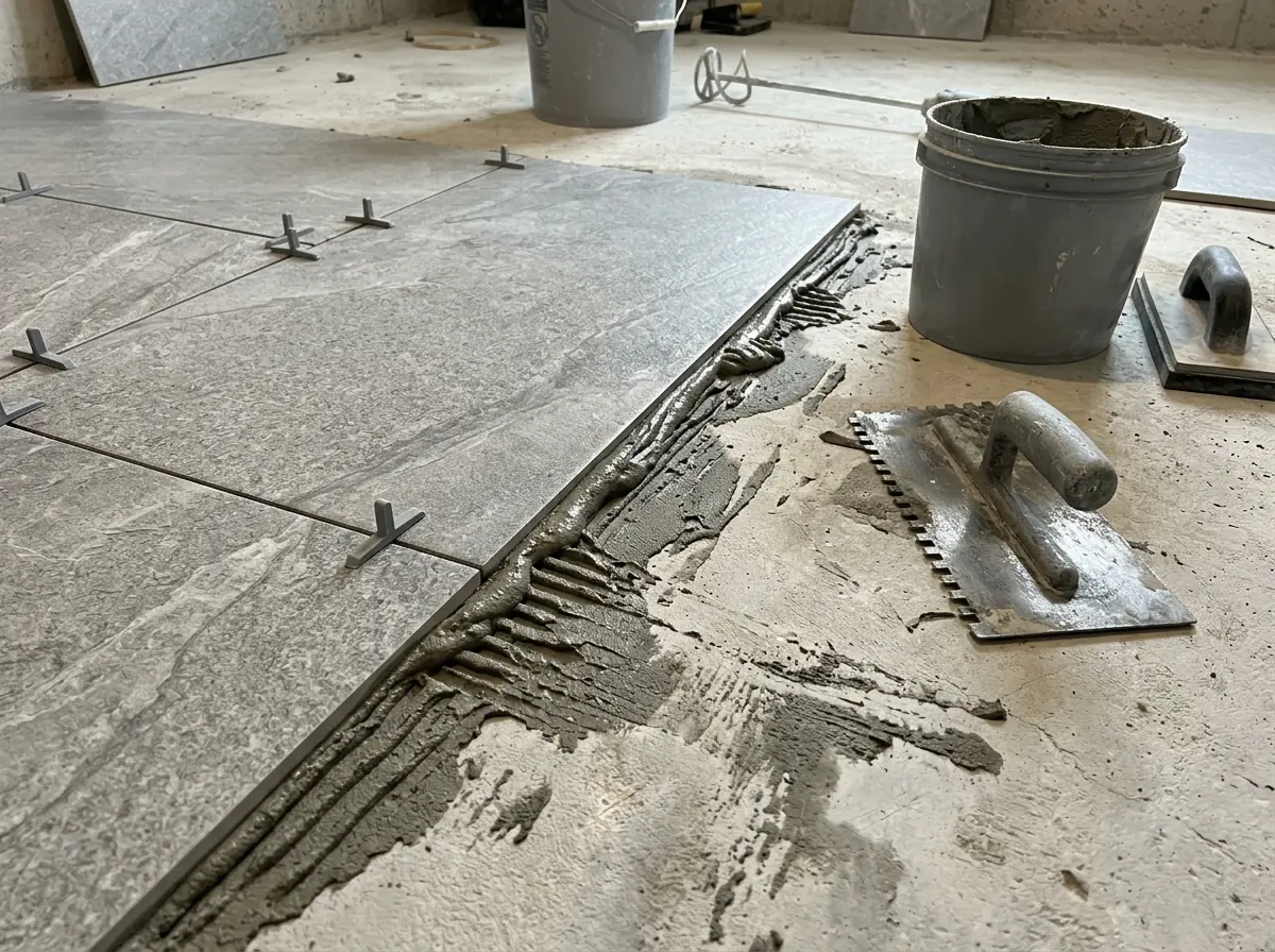 Large-format porcelain tiles in a stone look being set with thinset on a basement slab, plain gray tile spacers in the joints
