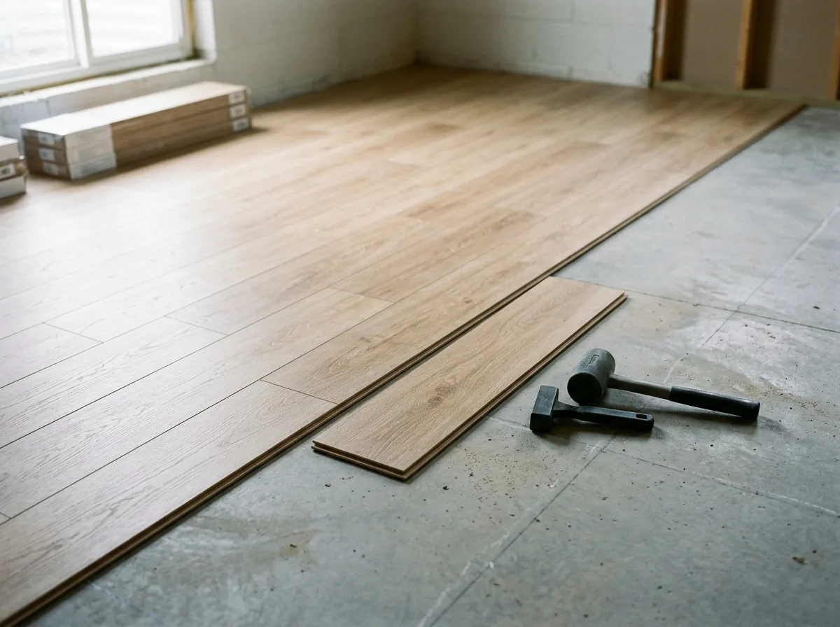 Light oak-look luxury vinyl plank flooring being laid in rows across a basement concrete slab, with a plain gray rubber mallet nearby