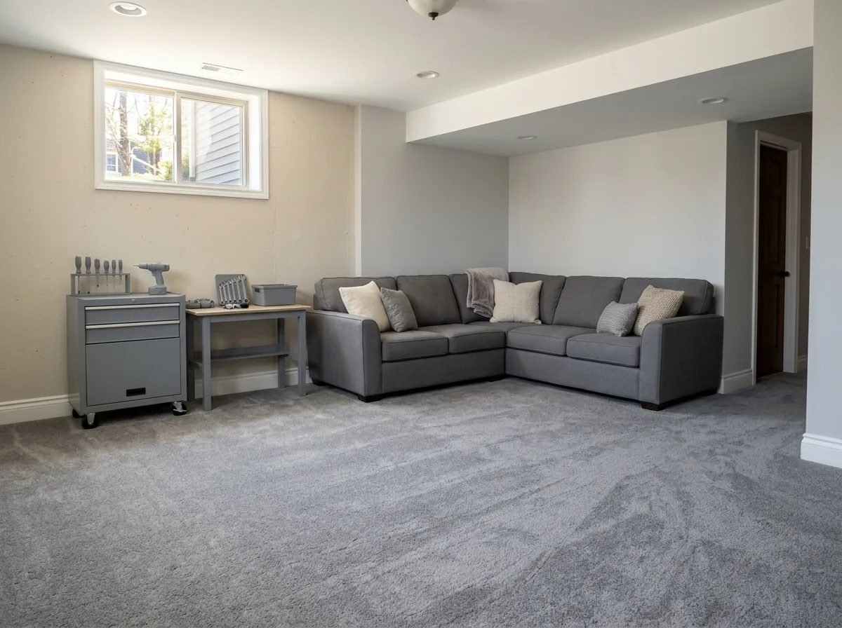 A finished basement rec room with wall-to-wall medium gray carpet, a sectional sofa and a low window