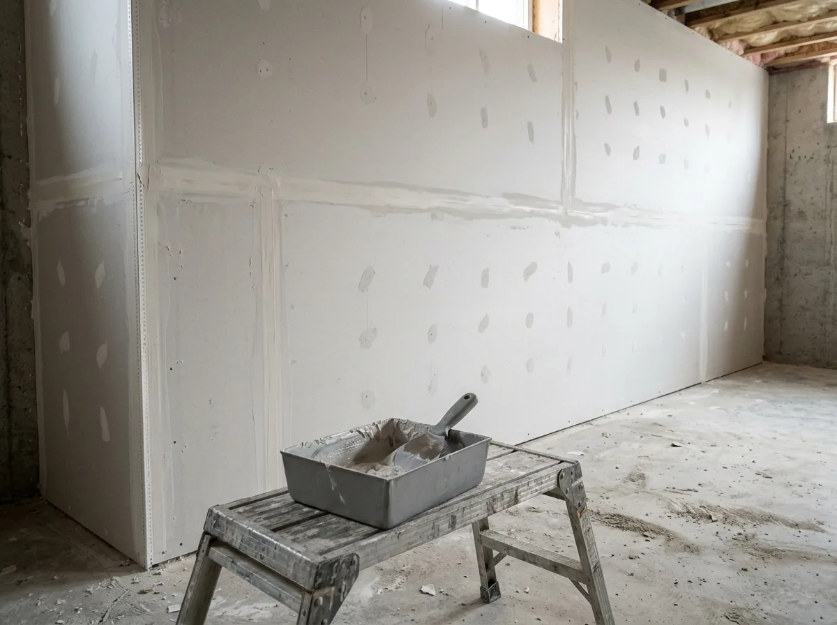 A basement wall of freshly hung drywall with taped and mudded seams and screw spots, before sanding and paint