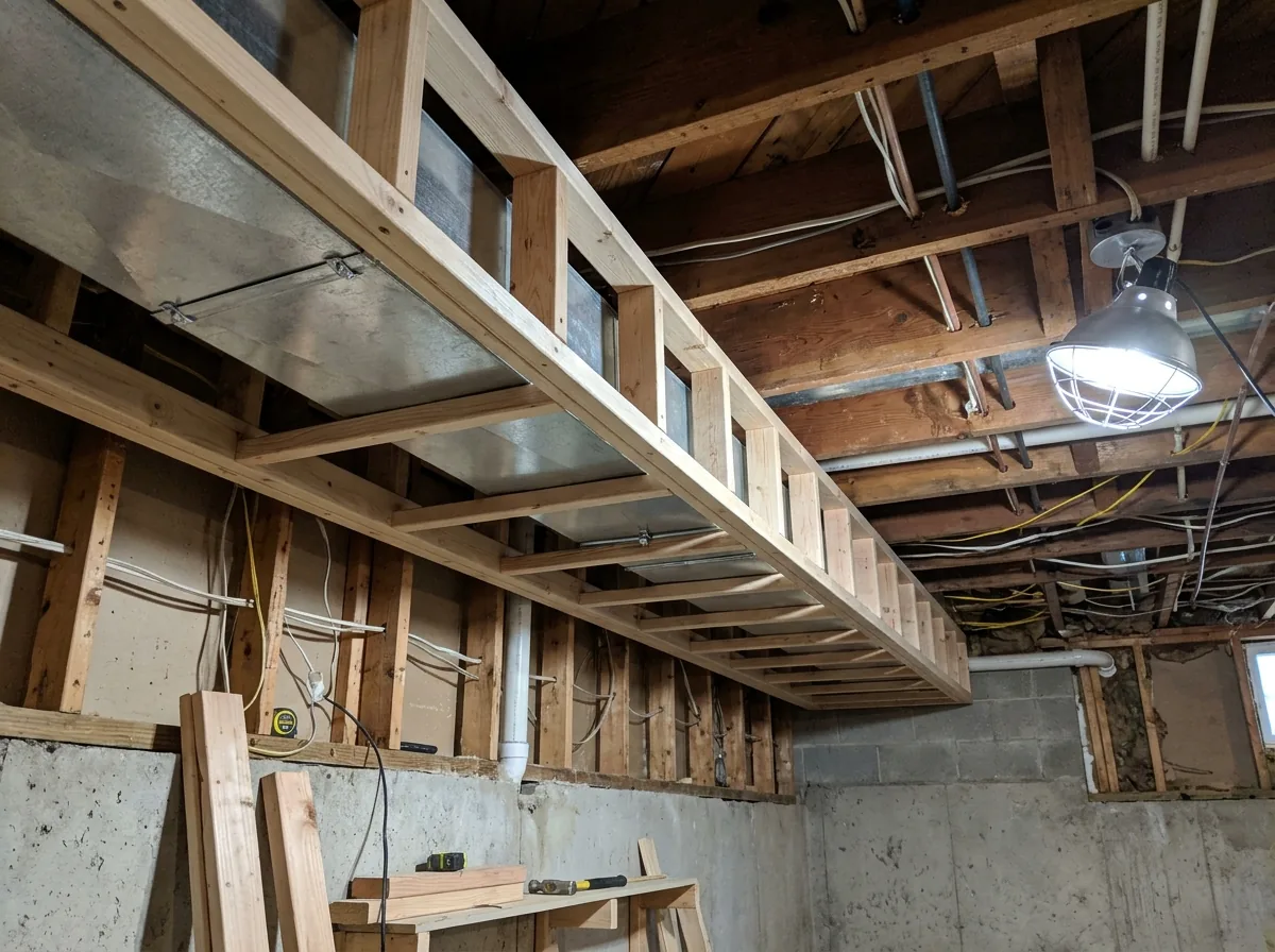 A framed wooden soffit box running along a basement ceiling to enclose a metal heating duct before drywall