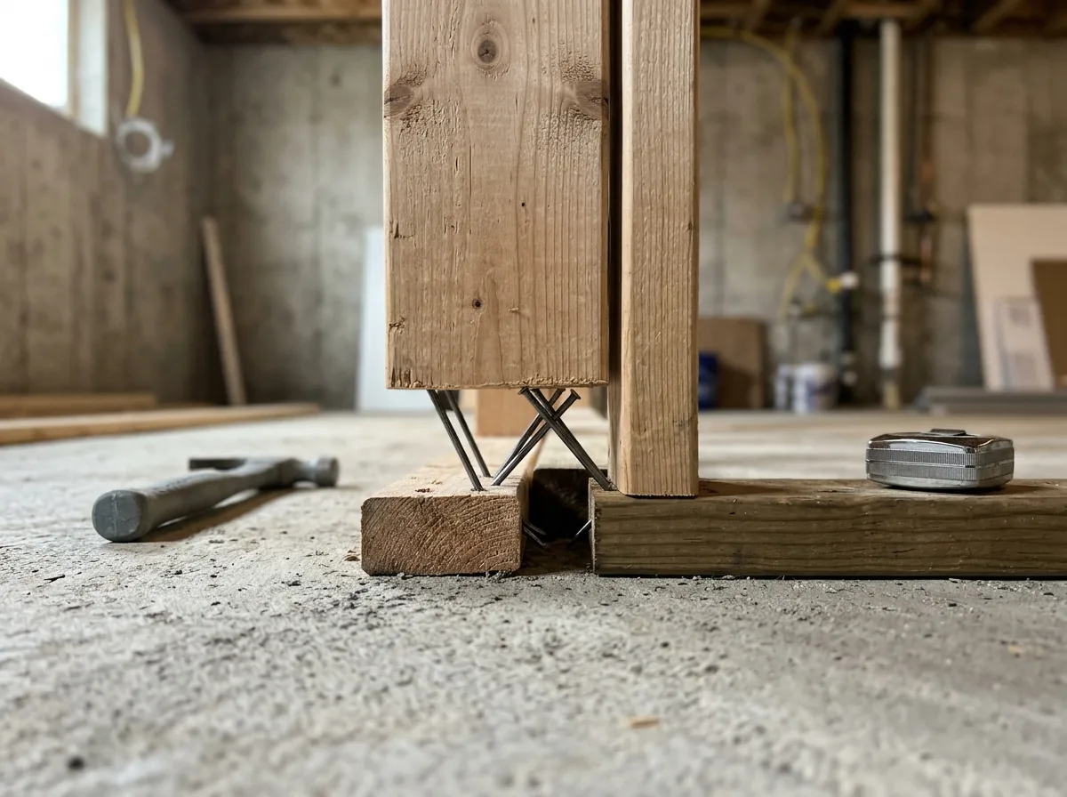 A basement interior partition wall hanging from the floor joists, its studs ending above a bottom plate fastened to the concrete slab with a visible gap