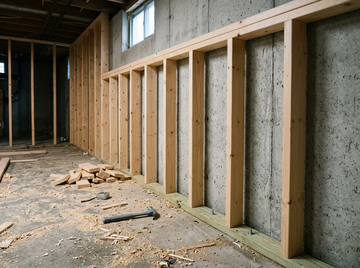 A new wood stud wall built a few inches in from a gray concrete basement foundation wall, with a pressure-treated bottom plate