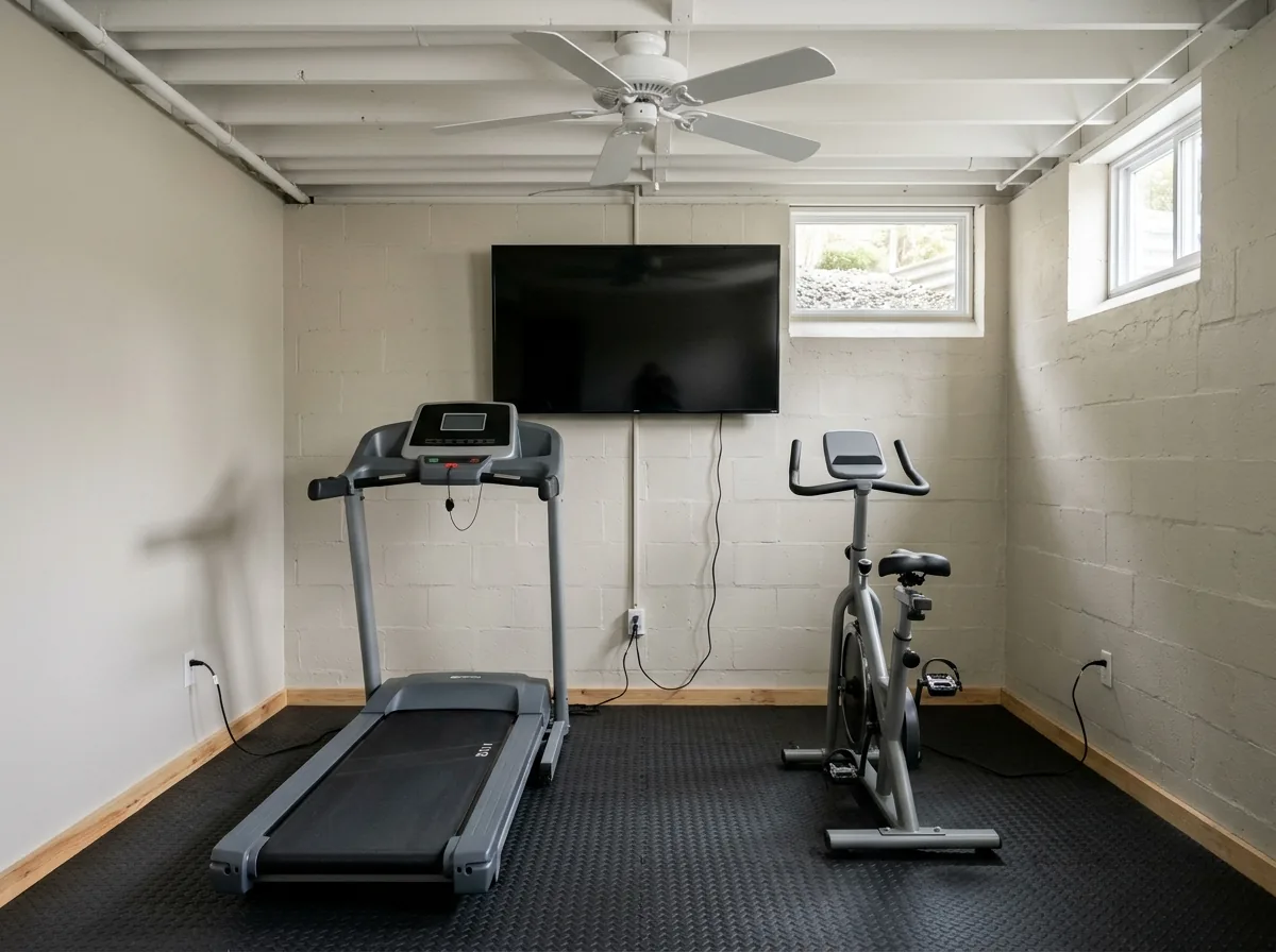 Basement cardio room with a treadmill and exercise bike facing a wall-mounted TV on a rubber floor