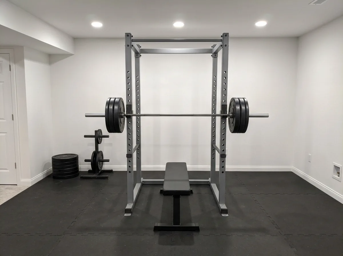 Basement weight room with a power rack, a flat bench and bumper plates on thick black rubber tiles