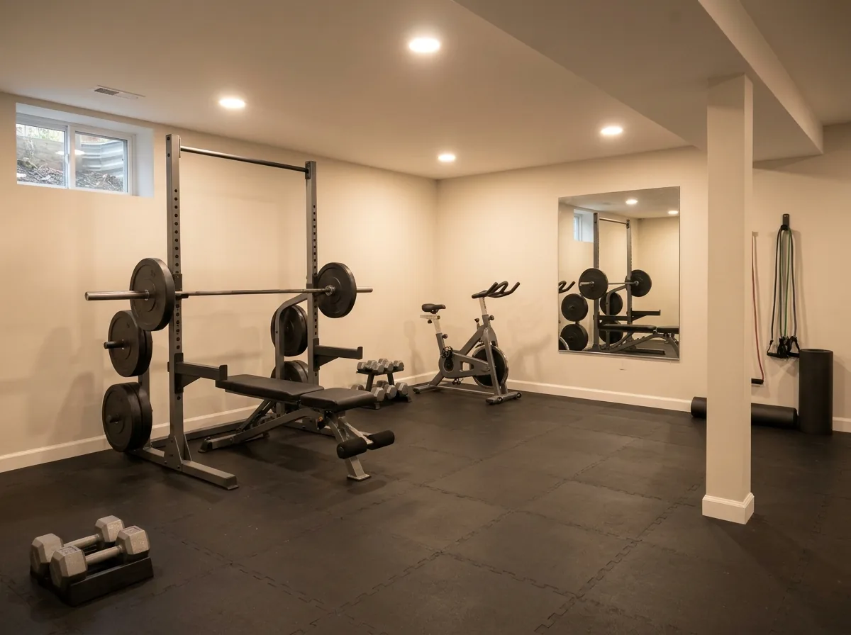 A basement home gym with black rubber flooring, a squat rack, a bench, a wall mirror and flush ceiling lights