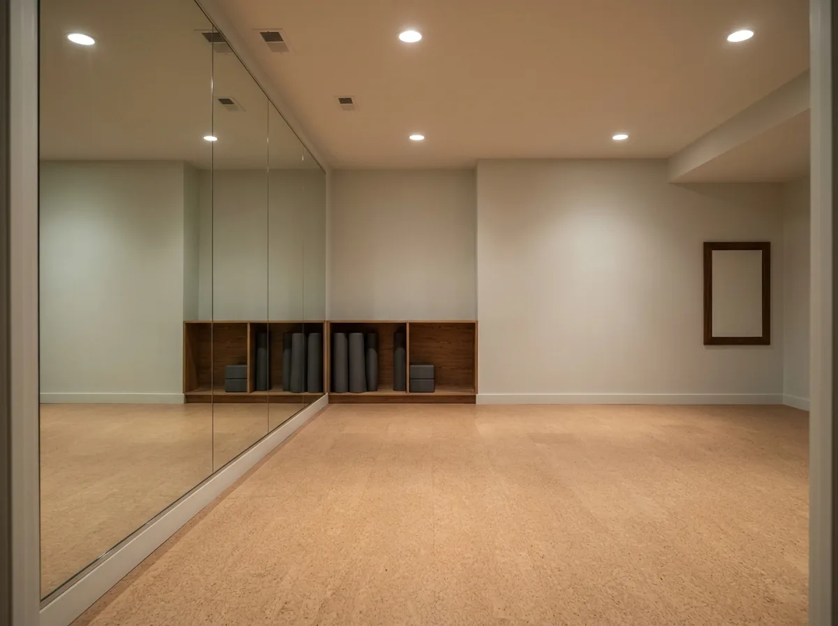 Basement studio with a full mirror wall, a cork-look floor, rolled yoga mats and soft recessed lighting