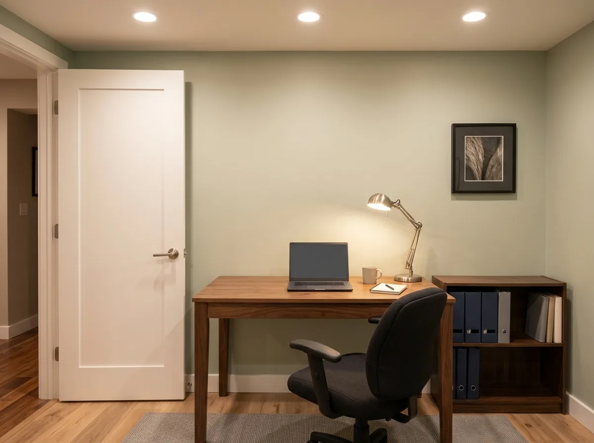 Closed basement home office with a wood desk, a desk lamp, a bookshelf and a solid door ajar