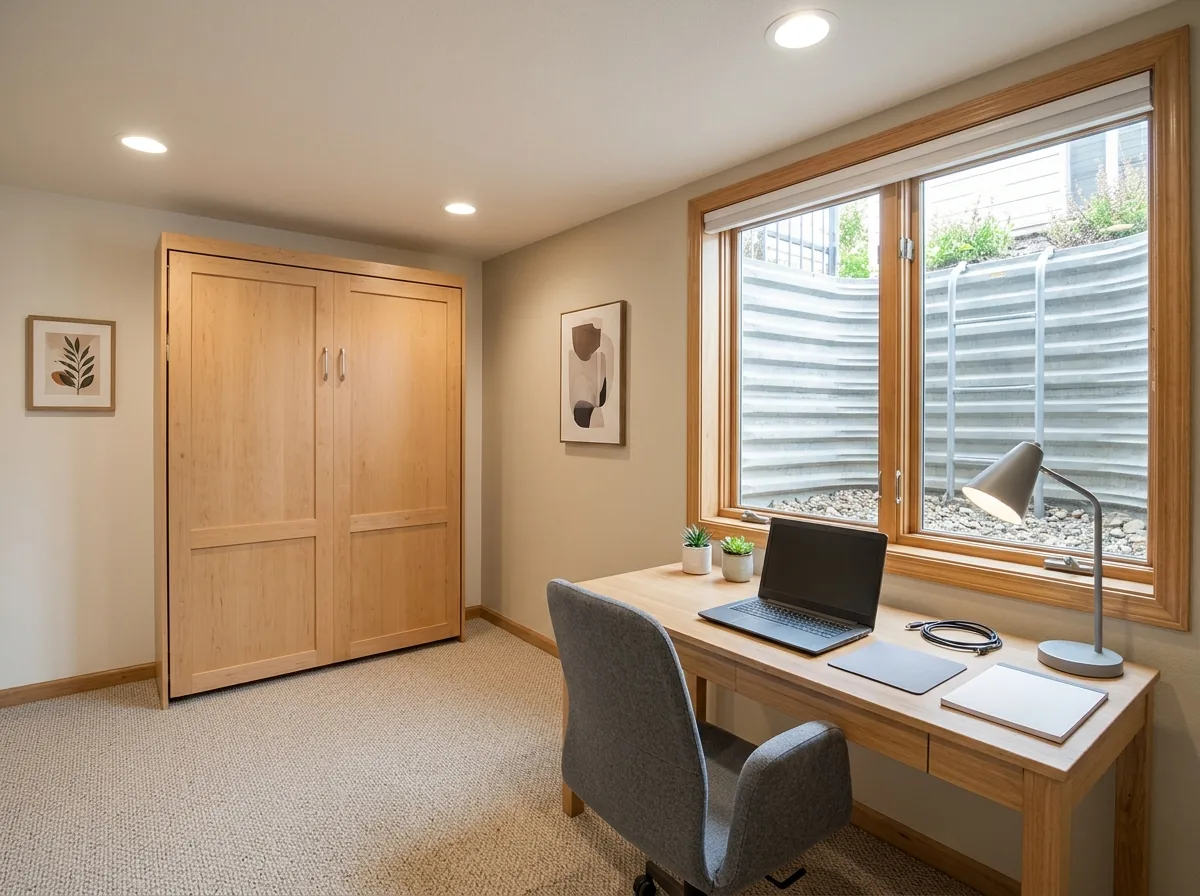 Basement office with a desk under an egress window and a closed fold-down wall bed on the side wall