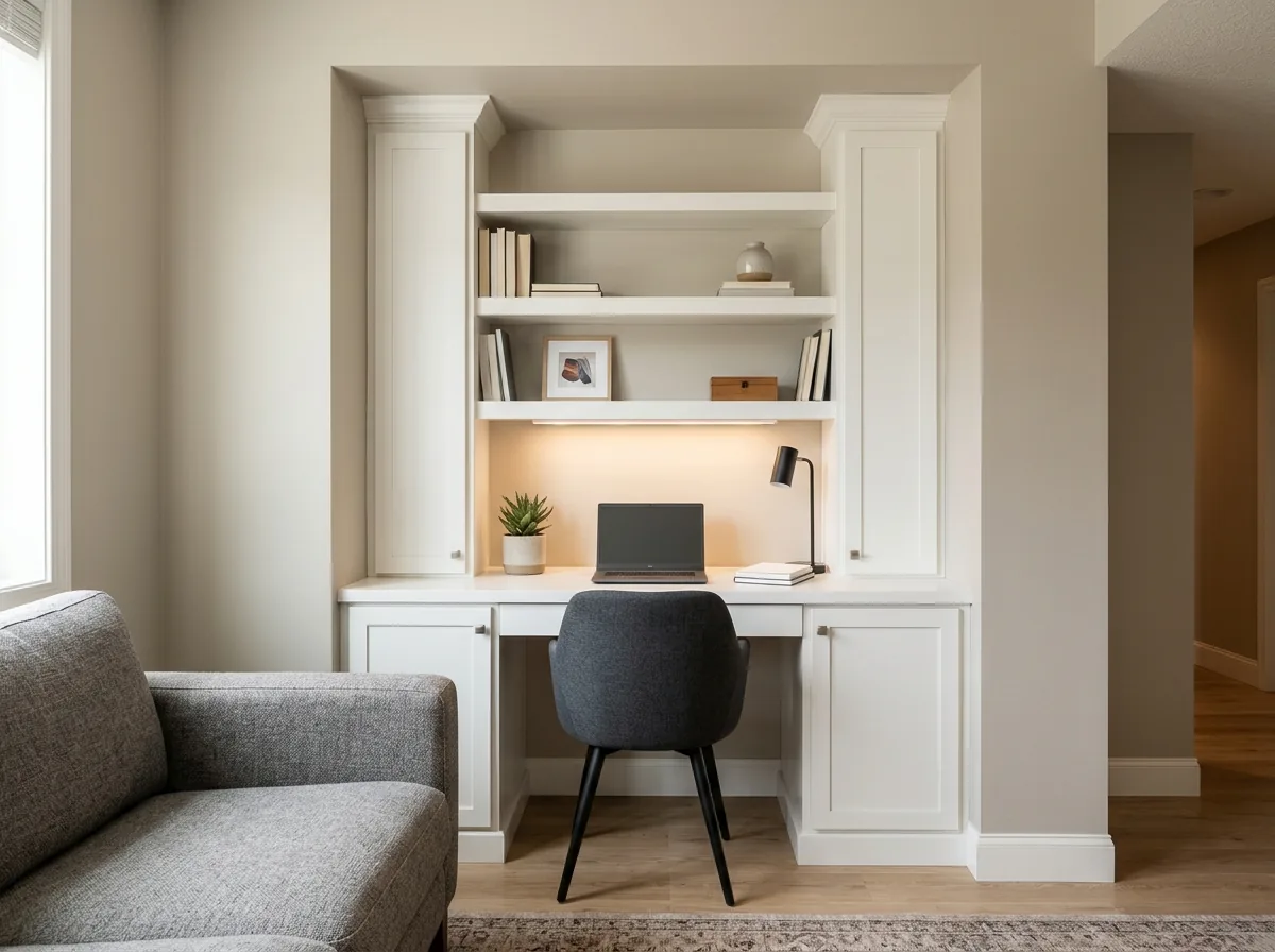Open basement office nook with a built-in desk and shelves in an alcove beside a family room