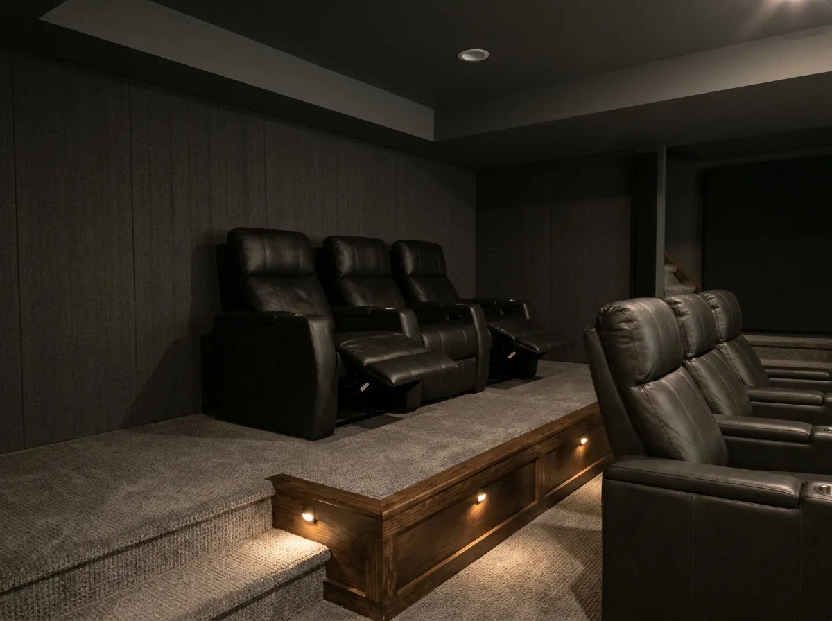 Dedicated basement theater with dark fabric walls, two rows of recliners on a carpeted riser and step lights
