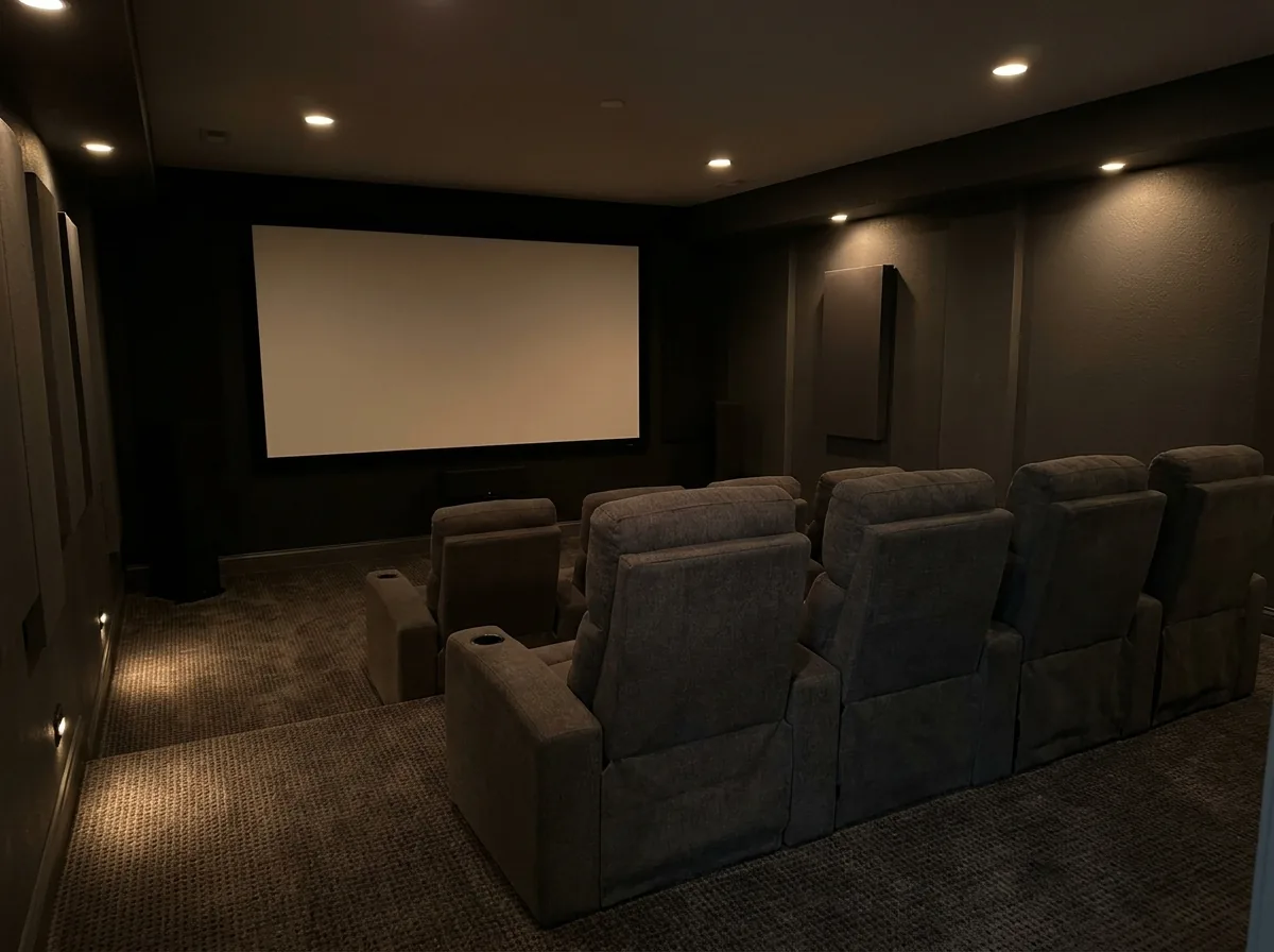 A basement home theater with dark walls, a blank projection screen, a row of reclining seats and low recessed lights