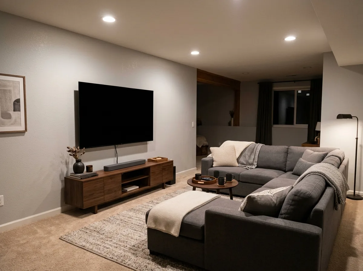 Basement media room with a wall-mounted TV, a low console, a gray sectional sofa and an area rug