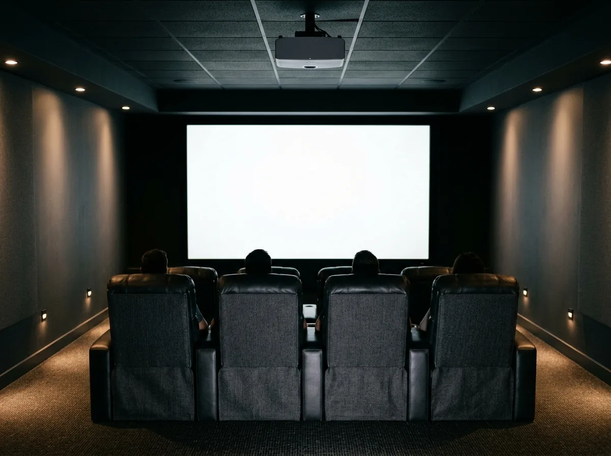 Basement home theater with a ceiling-mounted projector, a large blank screen and a row of recliners
