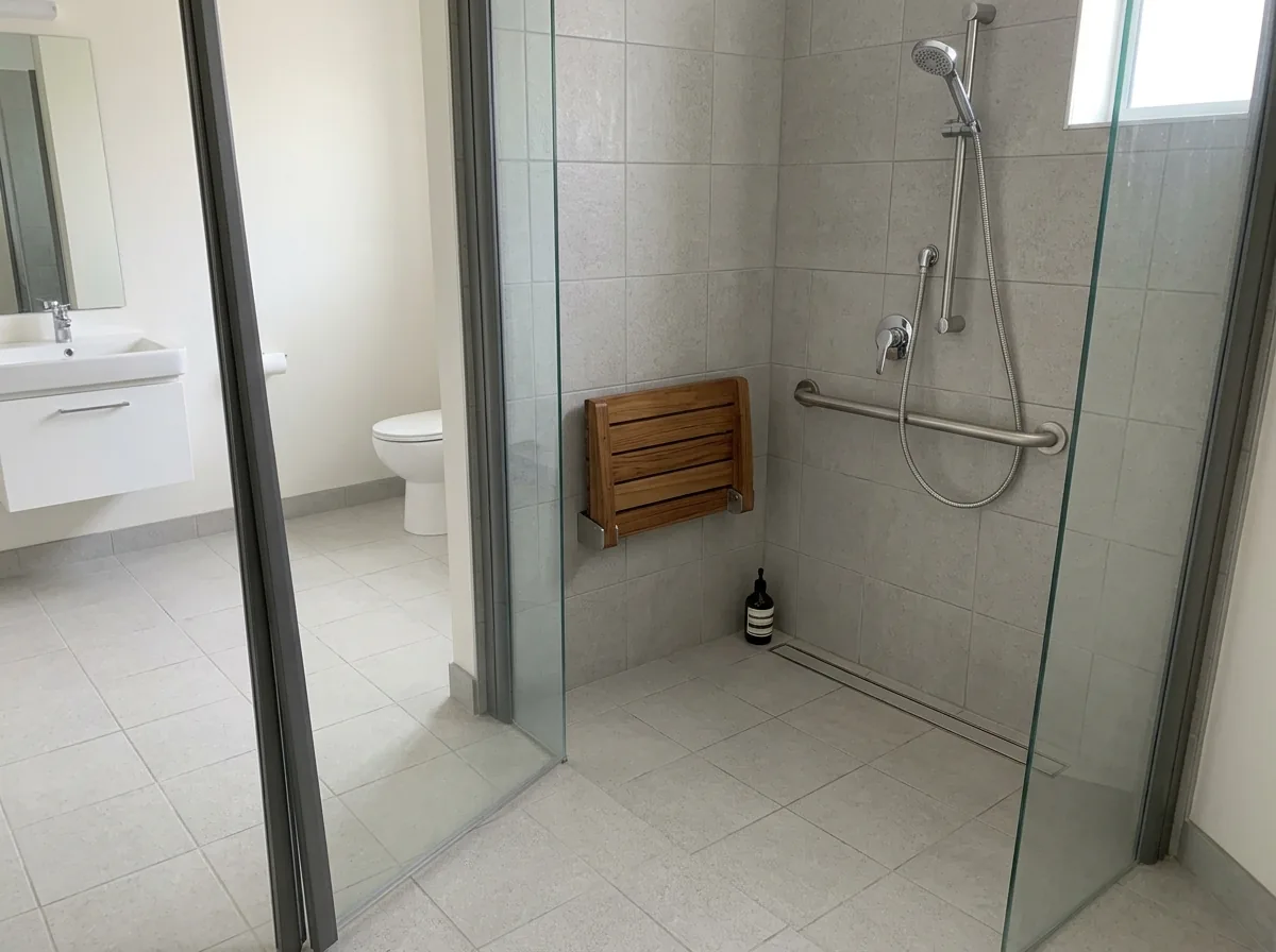 A barrier-free basement shower with a low entry, a fold-down seat and a grab bar on a tiled wall