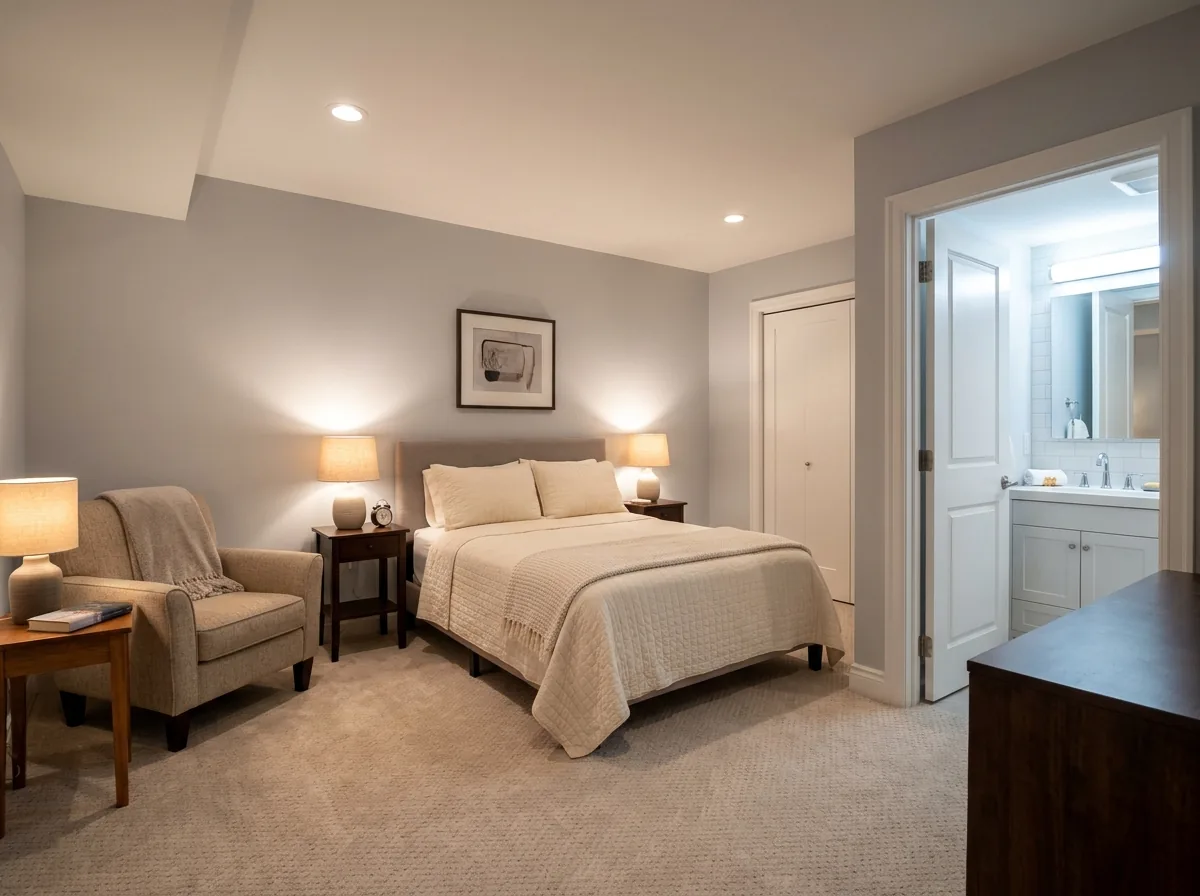 A finished basement suite with a made bed, an armchair and an open door to a small bathroom