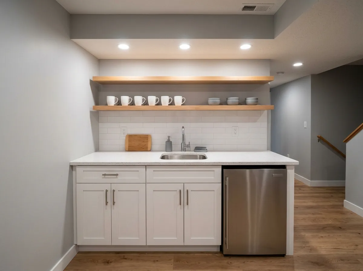 A basement in-law suite kitchenette with a short run of cabinets, a small sink and an under-counter fridge