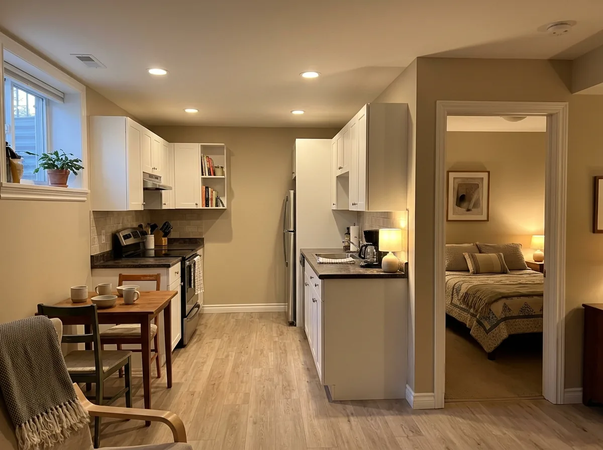 A basement in-law apartment with a compact white kitchenette, a small dining table and a bedroom through an open doorway