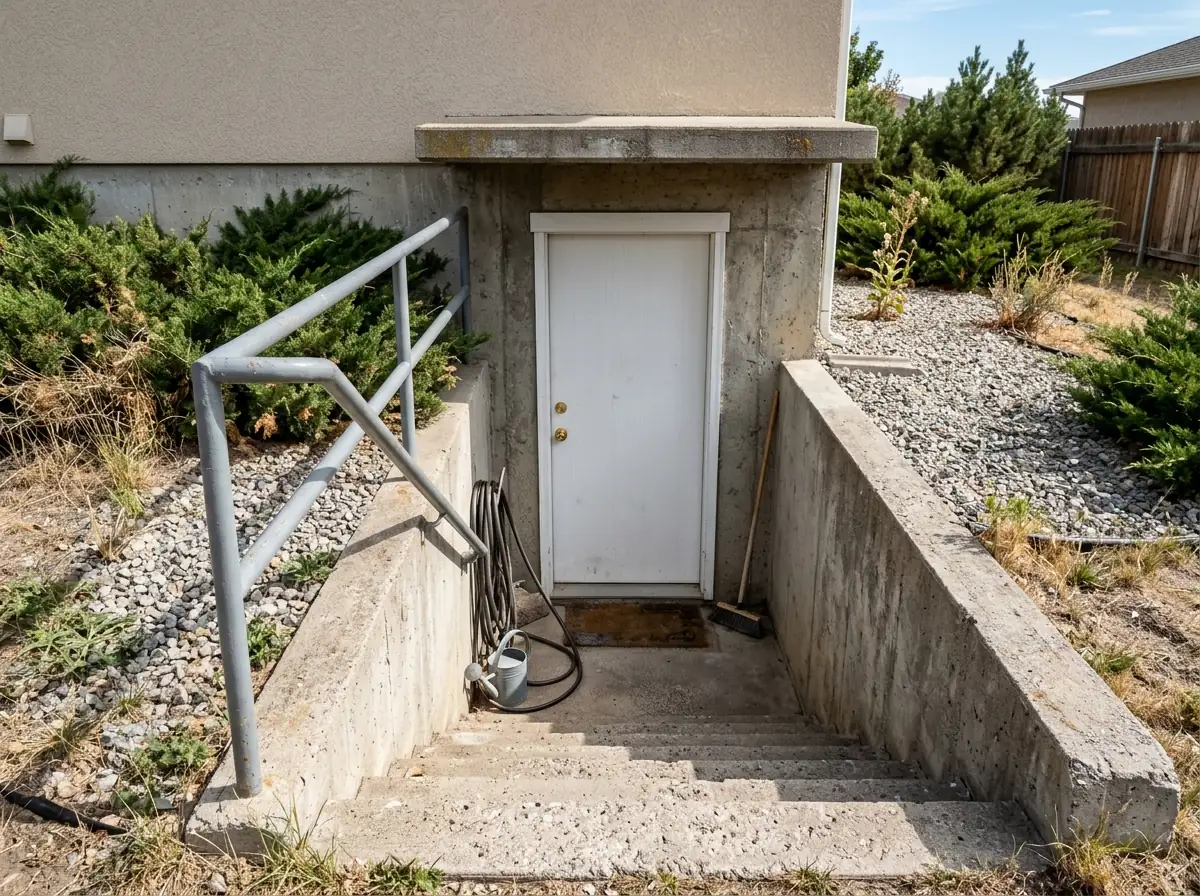 A basement suite entry door opening onto a concrete landing at the foot of exterior steps