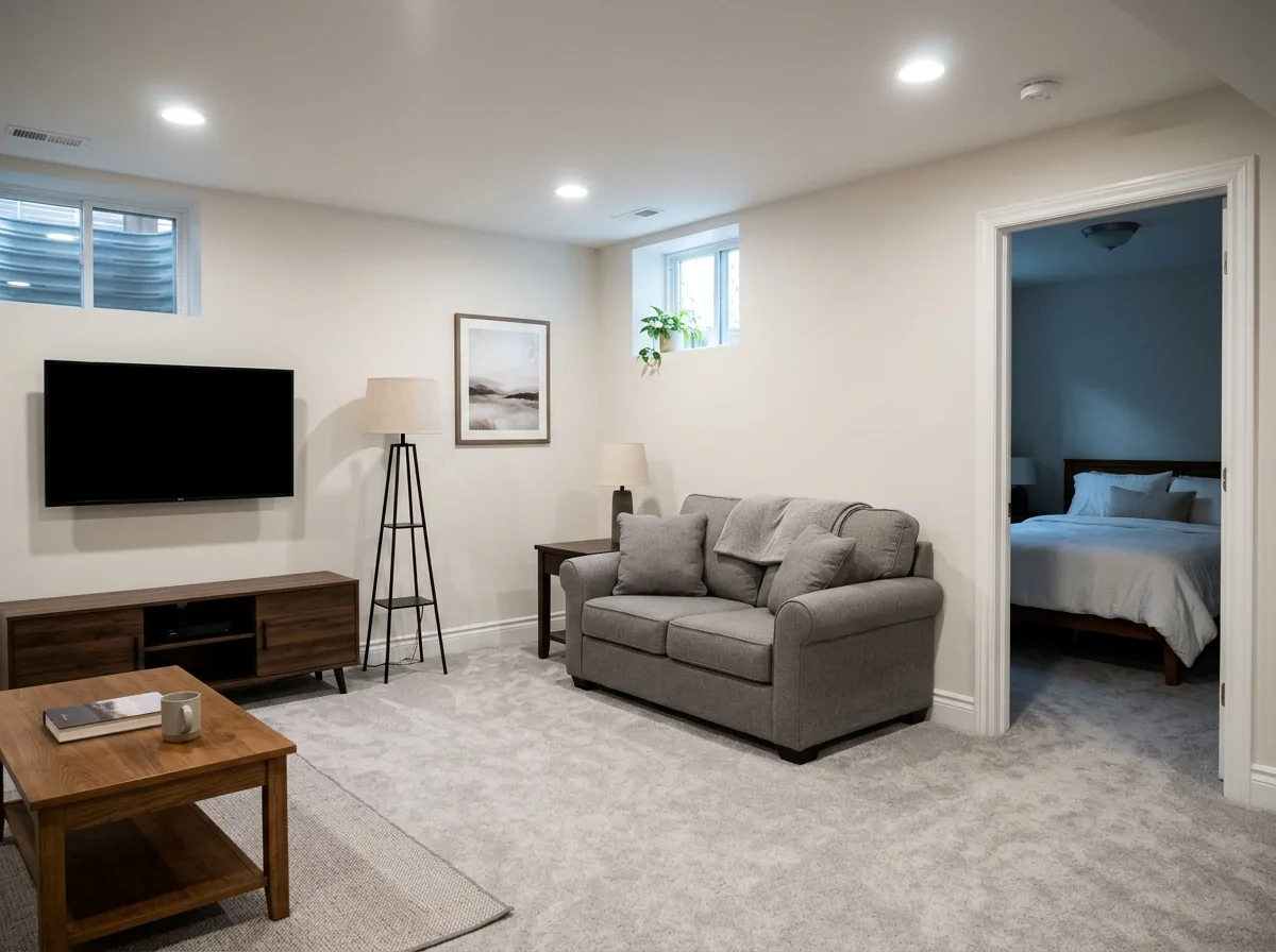 A basement in-law sitting room with a loveseat, a small TV console and a doorway to a bedroom beyond